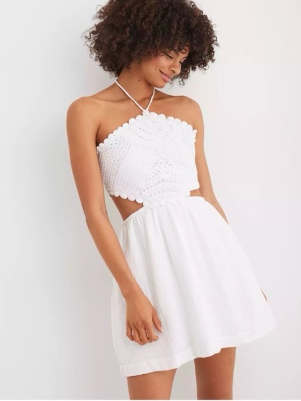 aerie White Crochet Halter Mini Dress with Cutouts